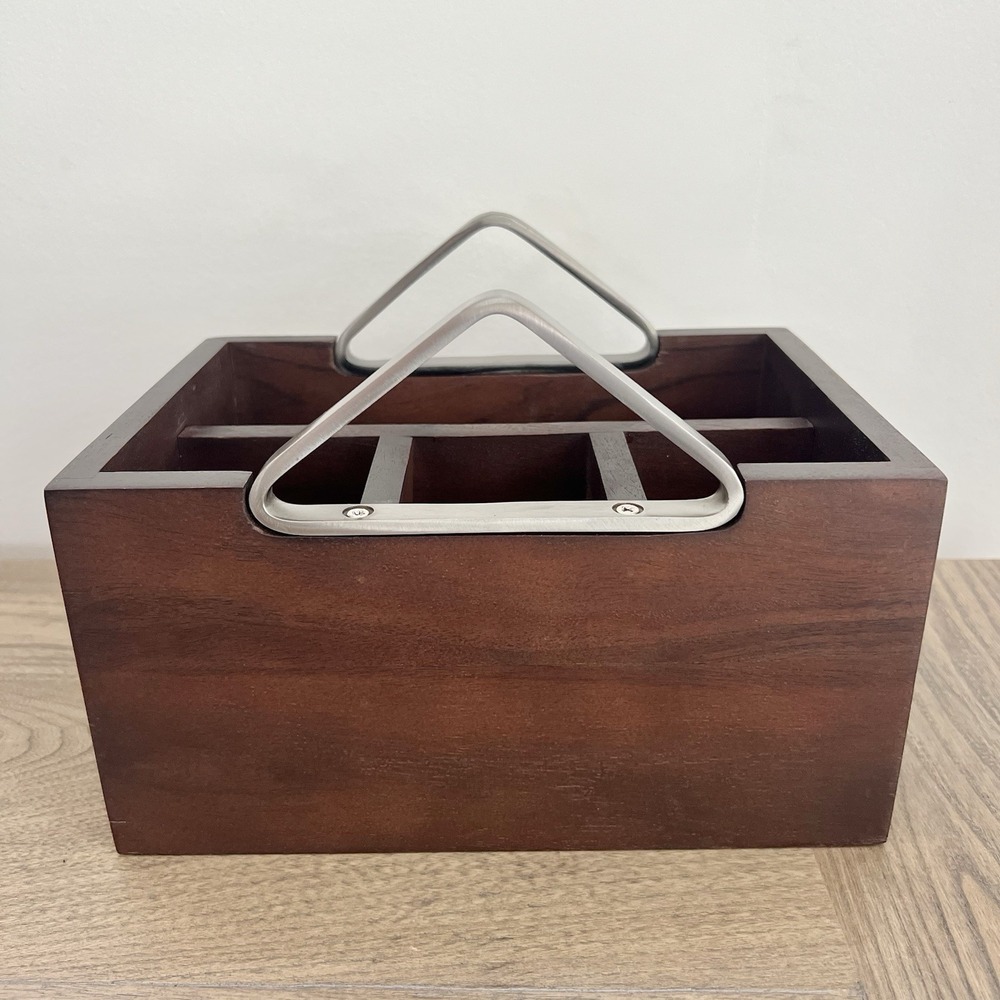Crate And Barrel Boyd Acacia Wood Flatware Caddy Lacquer Finish Stainless Steel